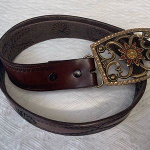 Rhinestone belt buckle with handmade brown leather belt